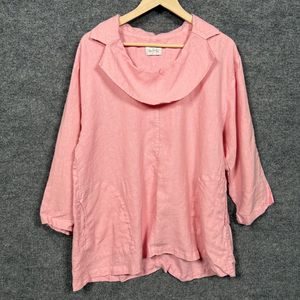 Mosaic‎ Womens Large Tunic Shirt Peach Linen Wide Collar Pullover Long Sleeves